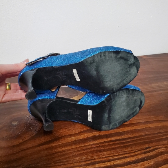 Burju Latin Dance Shoe Women's 9.5 Blue Glitter Sparkle Peep Toe Salsa - Picture 8 of 14